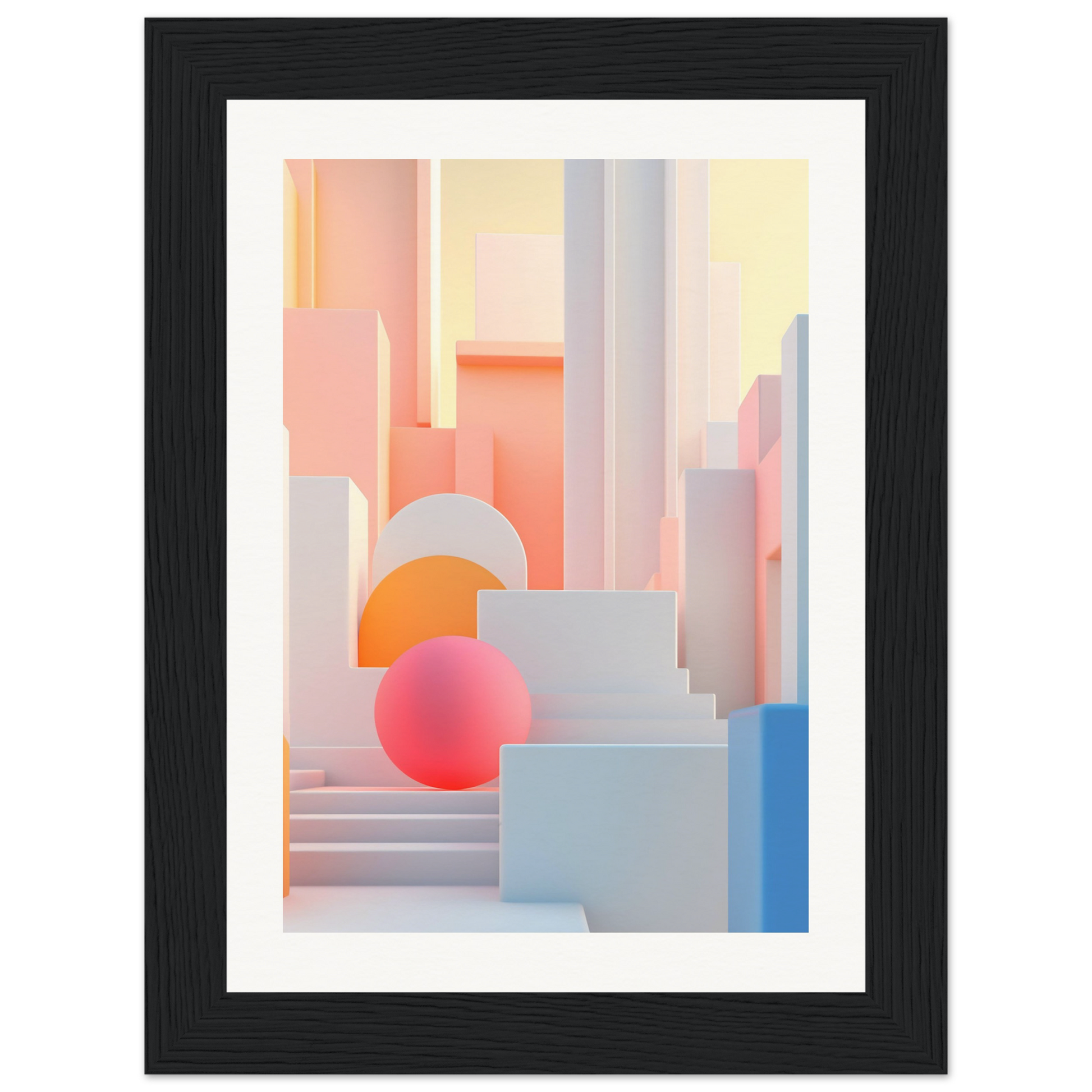 A framed print of a cityscape with a pink sphere