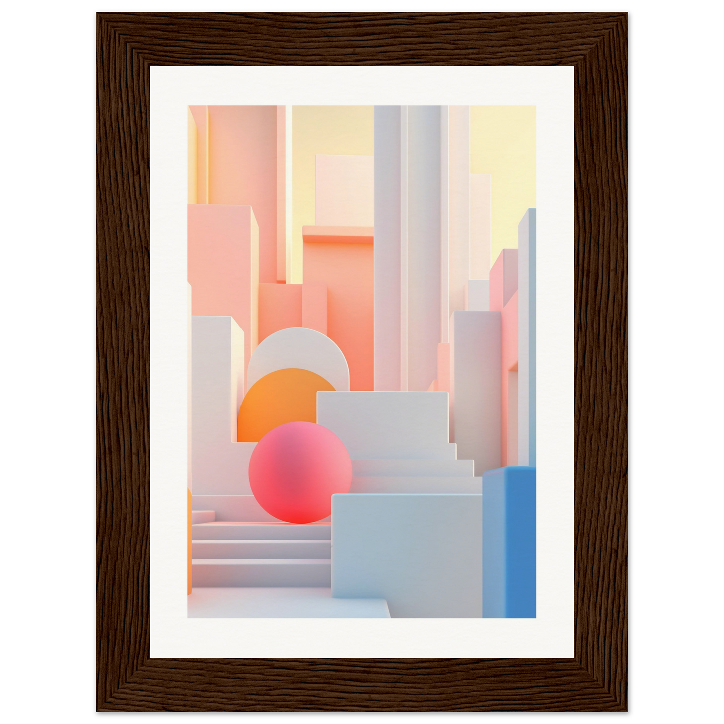 A framed print of a cityscape with a pink ball in the middle