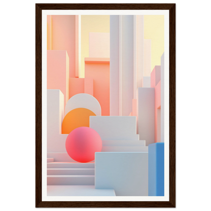 A framed print of a cityscape with a pink ball in the middle