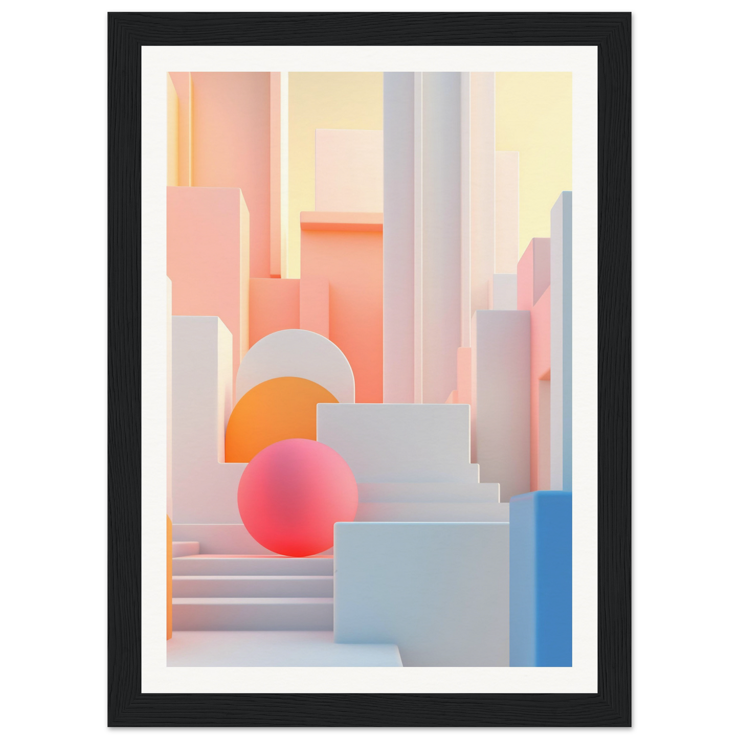 A framed print of a cityscape with a pink ball in the middle