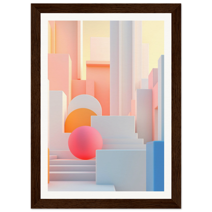 A framed print of a cityscape with a pink ball in the middle