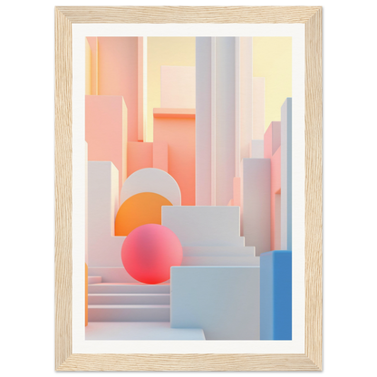 A framed print of a cityscape with a pink sphere