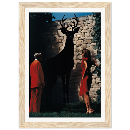 A framed print of a deer and two women