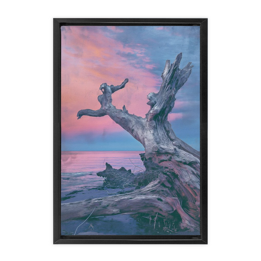 The digital print of a fallen tree on the beach is presented in Driftwood pastels - XXL Framed Canvas Wrap.