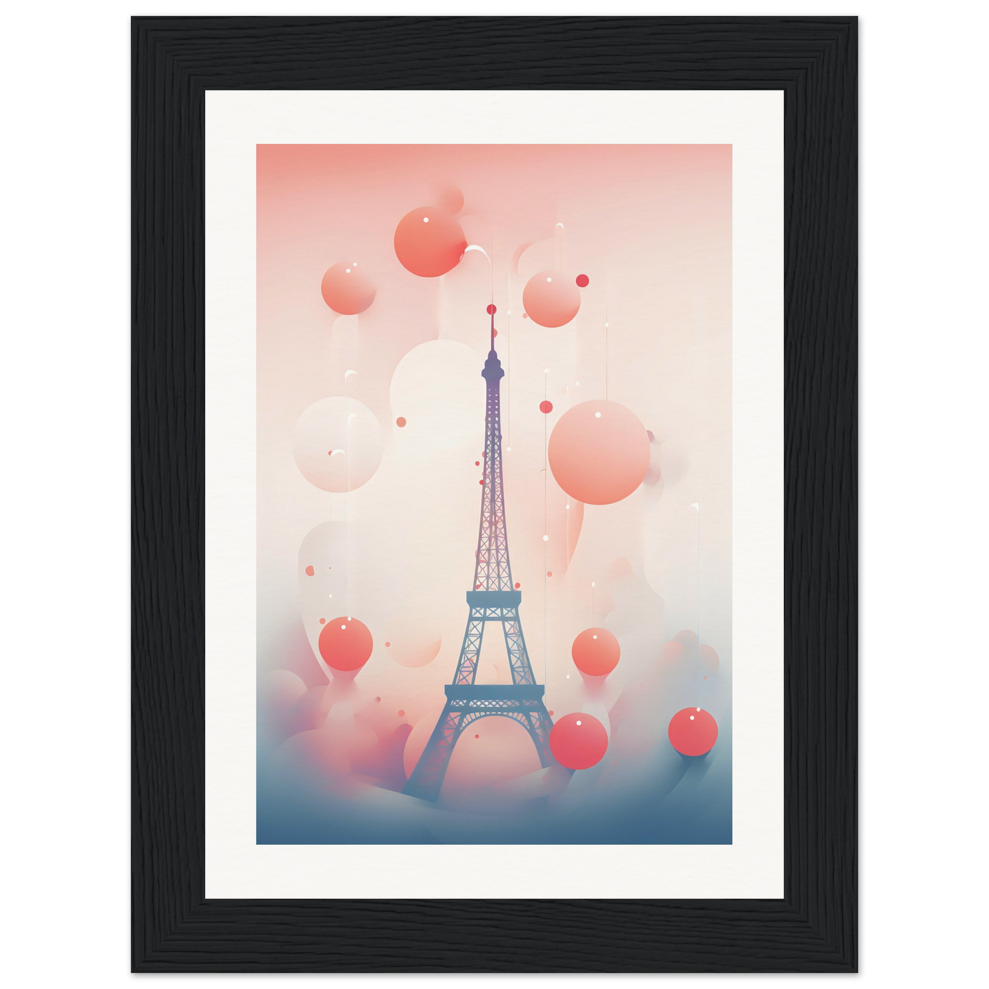 A framed print of the eiff tower in paris with balloons floating in the air