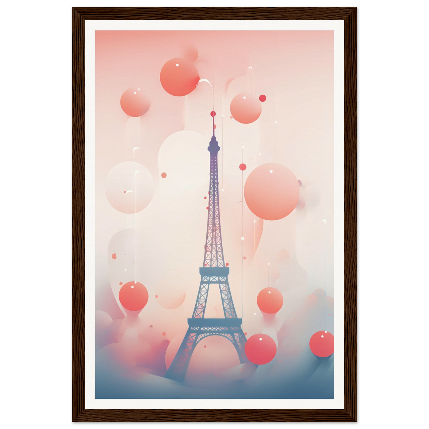 A framed print of the eiff tower with balloons