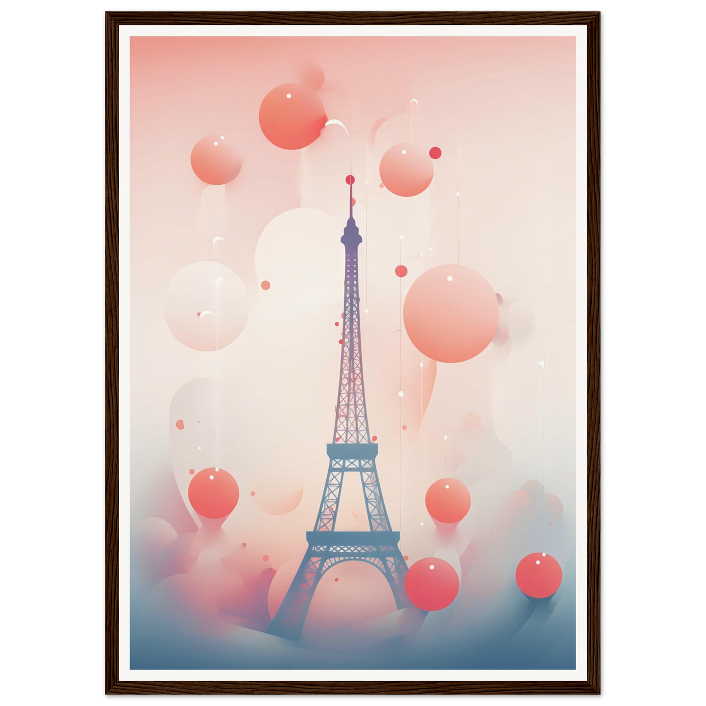 A framed print of the eiff tower with balloons