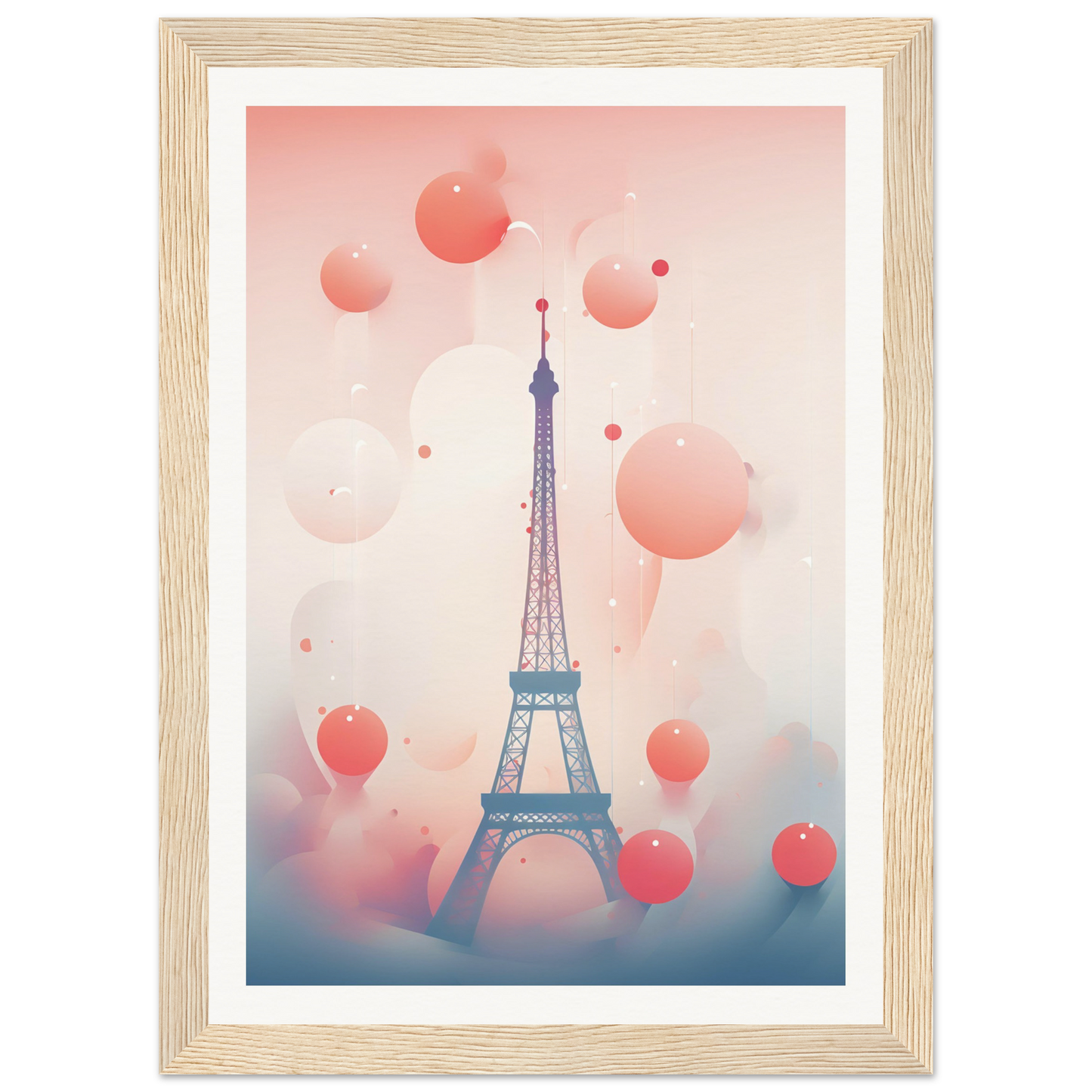 A framed print of the eiff tower with balloons