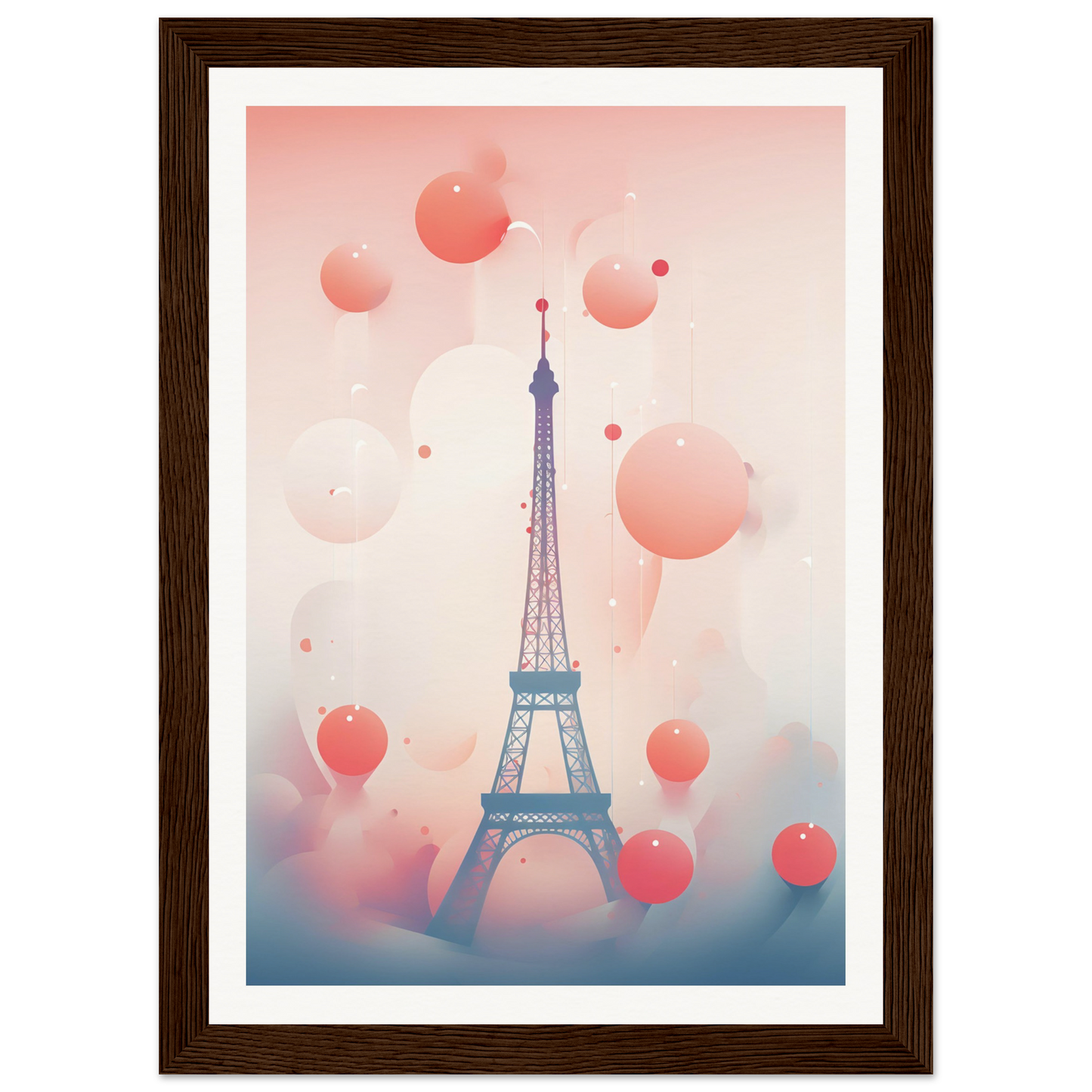 A framed print of the eiff tower with balloons