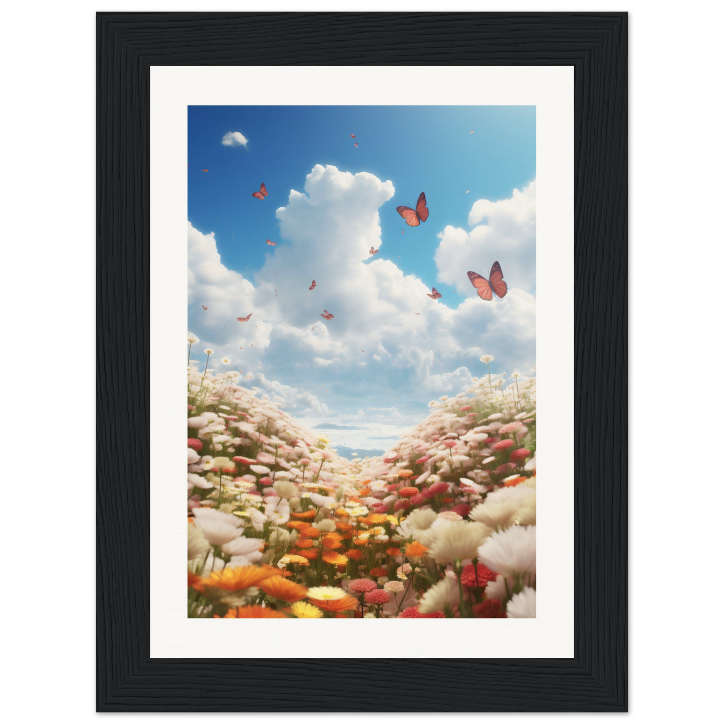 A framed print of a field of flowers with butterflies flying overhead