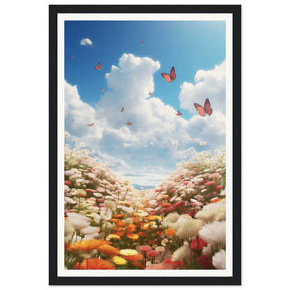 A framed print of a field of flowers with butterflies flying overhead