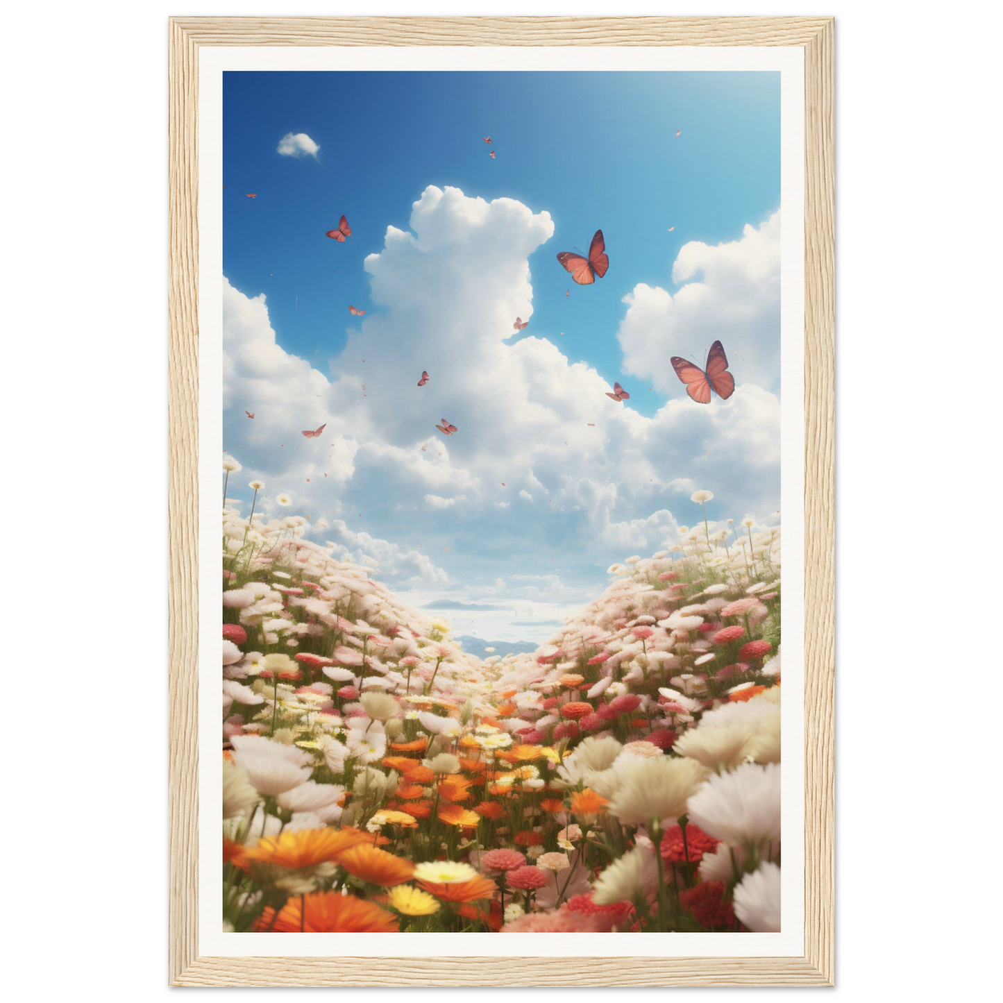 A framed print of a field of flowers with butterflies flying overhead