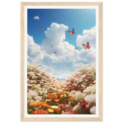 A framed print of a field of flowers with butterflies flying overhead