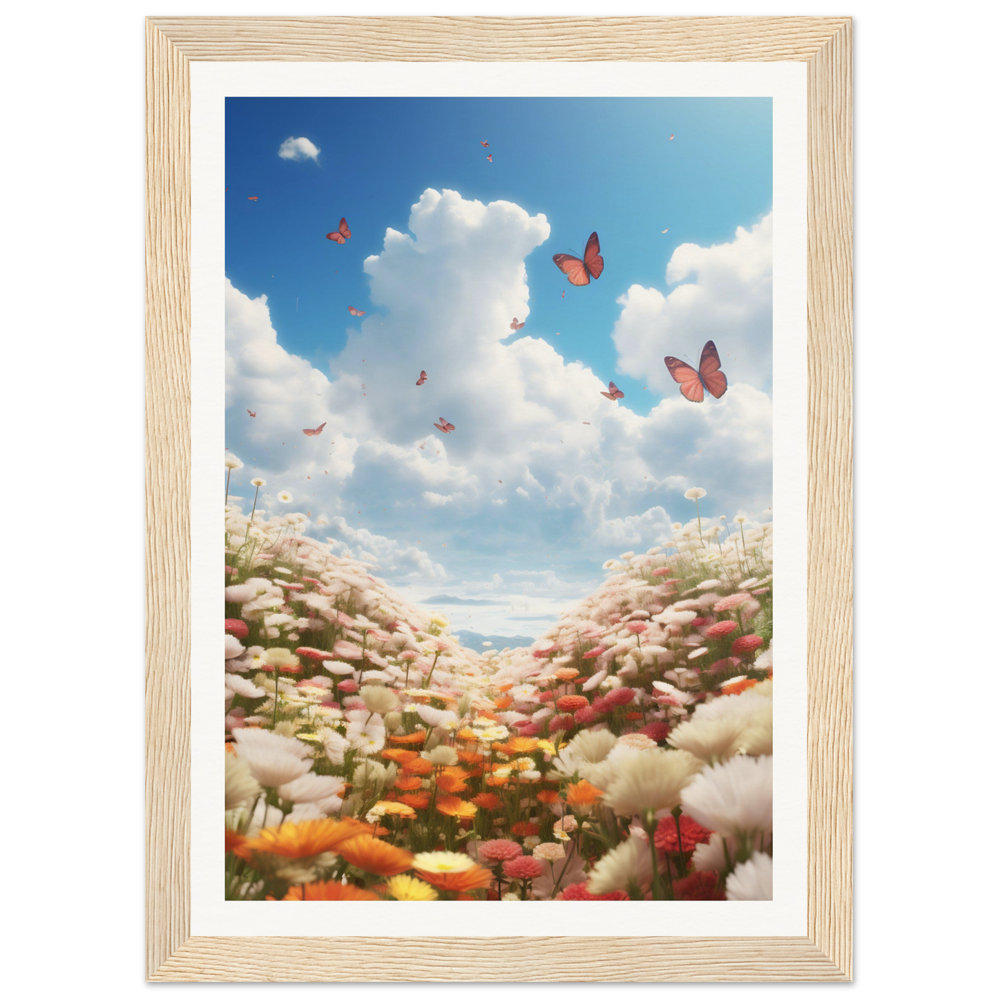 A framed print of a field of flowers with butterflies flying overhead