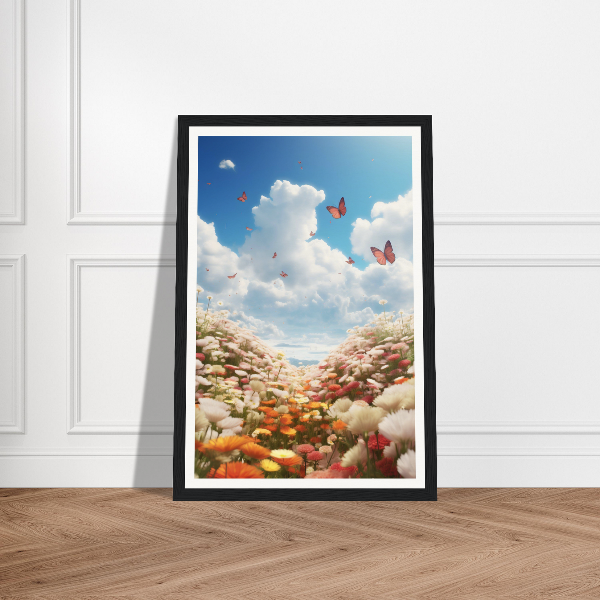 A high quality framed print of Happiness Is Flowers - Museum-Quality Matte Paper Wooden Framed Poster from The Oracle Windows™ Collection with butterflies in the sky, perfect for fashion wall art enthusiasts.