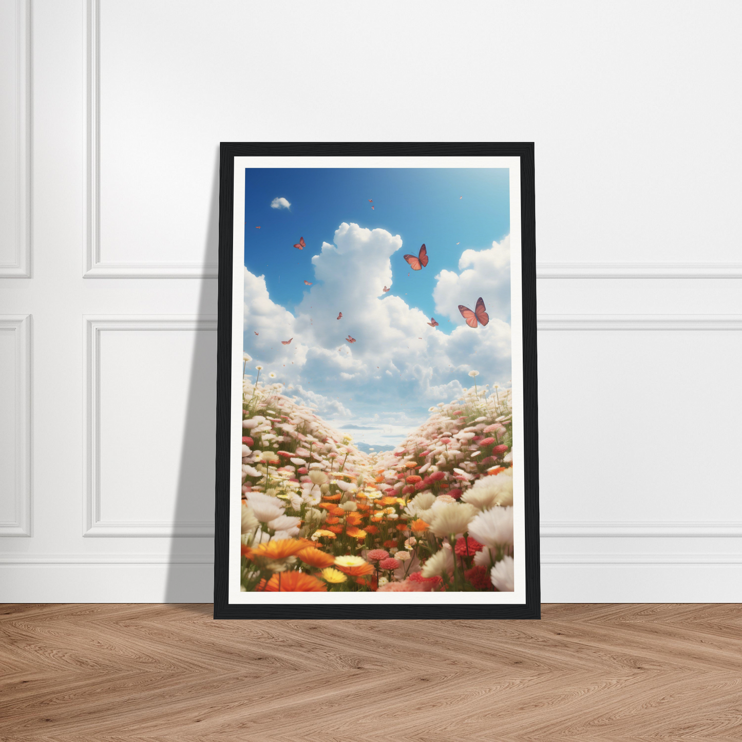 A framed print of a flower field with butterflies