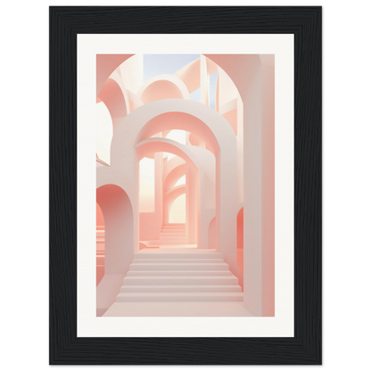 A framed print of a hallway with pink walls and stairs