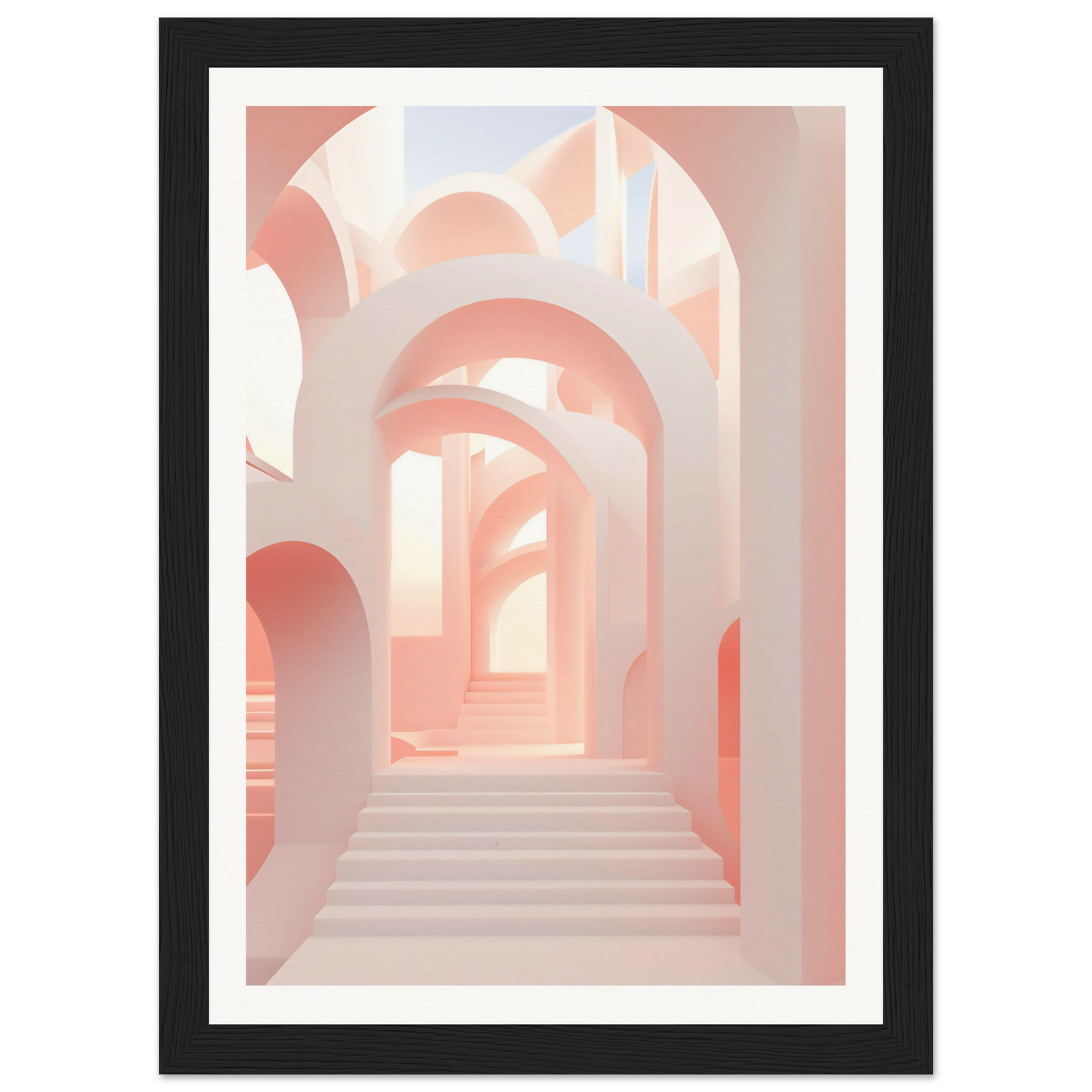 A framed print of a hallway with pink walls and stairs