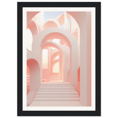 A framed print of a hallway with pink walls and stairs