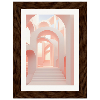 A framed print of a hallway with stairs and arches