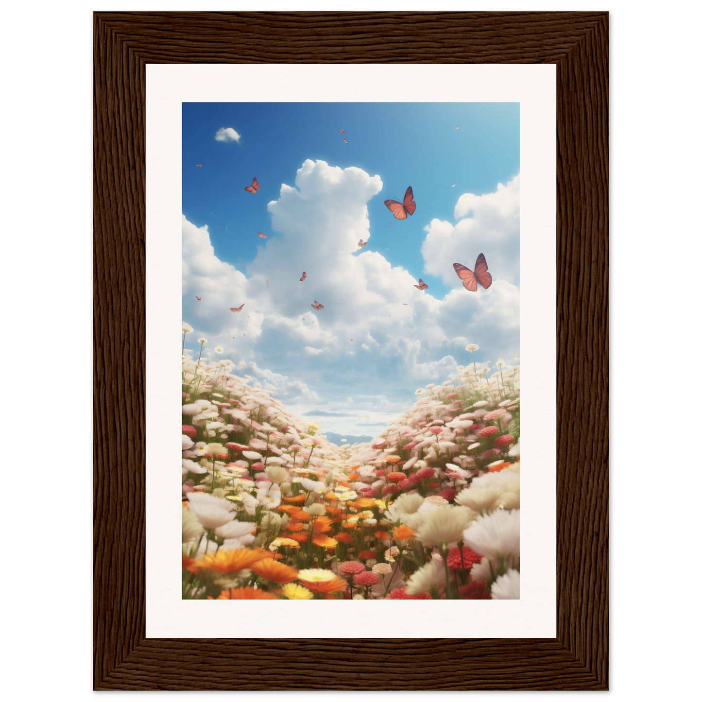 A framed print of a landscape with butterflies flying in the sky