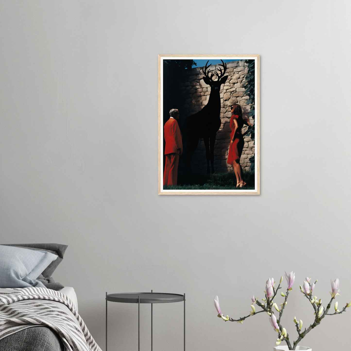 A framed print of a man and woman in a dark room