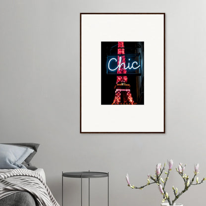 Framed wall art of a neon Chic sign and Eiffel Tower for Paris dreams room decor