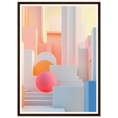 A framed print of a pink ball in a city