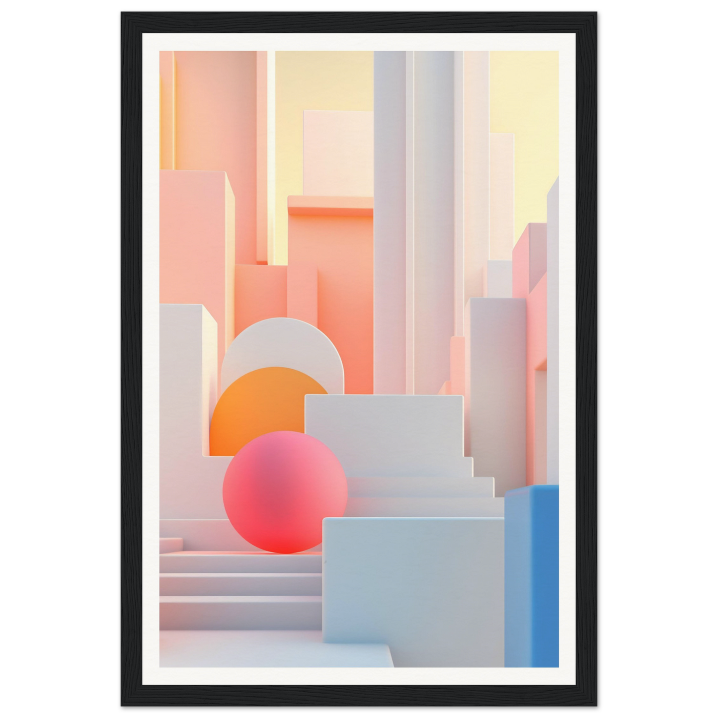 A framed print of a pink and blue abstract painting