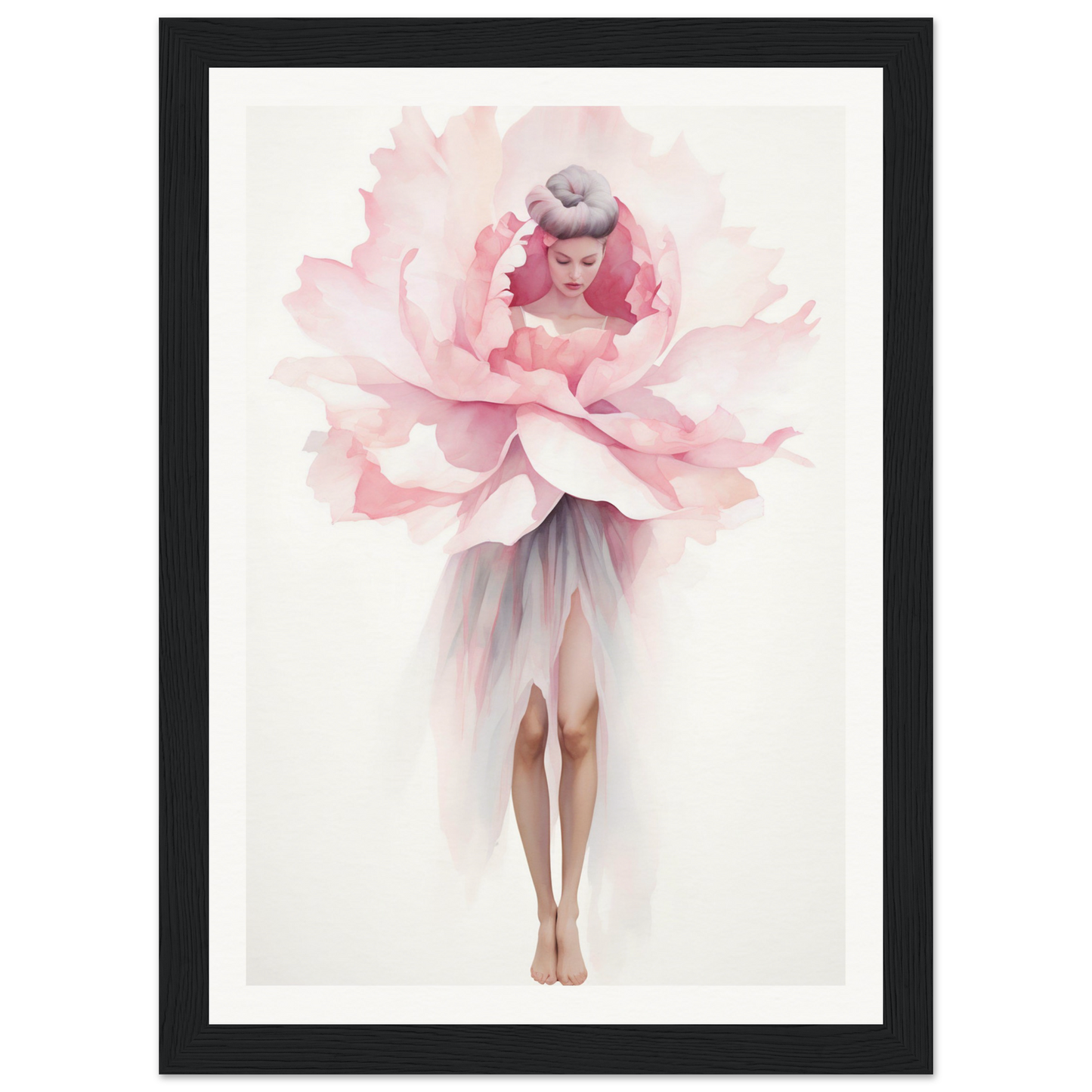 A framed print of a pink flower with a woman in a tutu