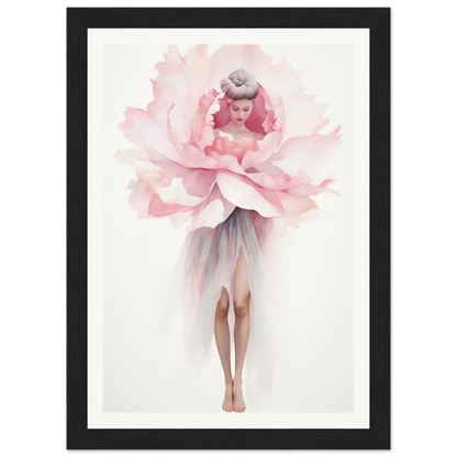 A framed print of a pink flower with a woman in a tutu