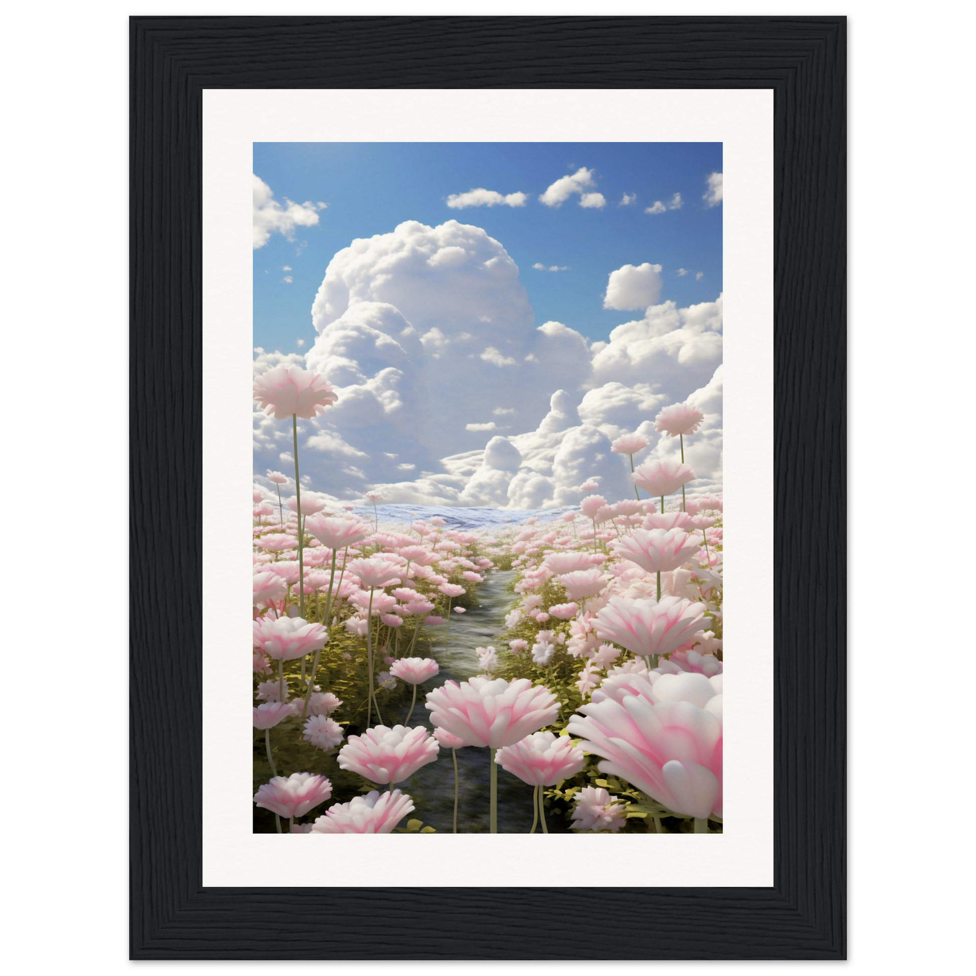 A framed print of pink flowers in a field