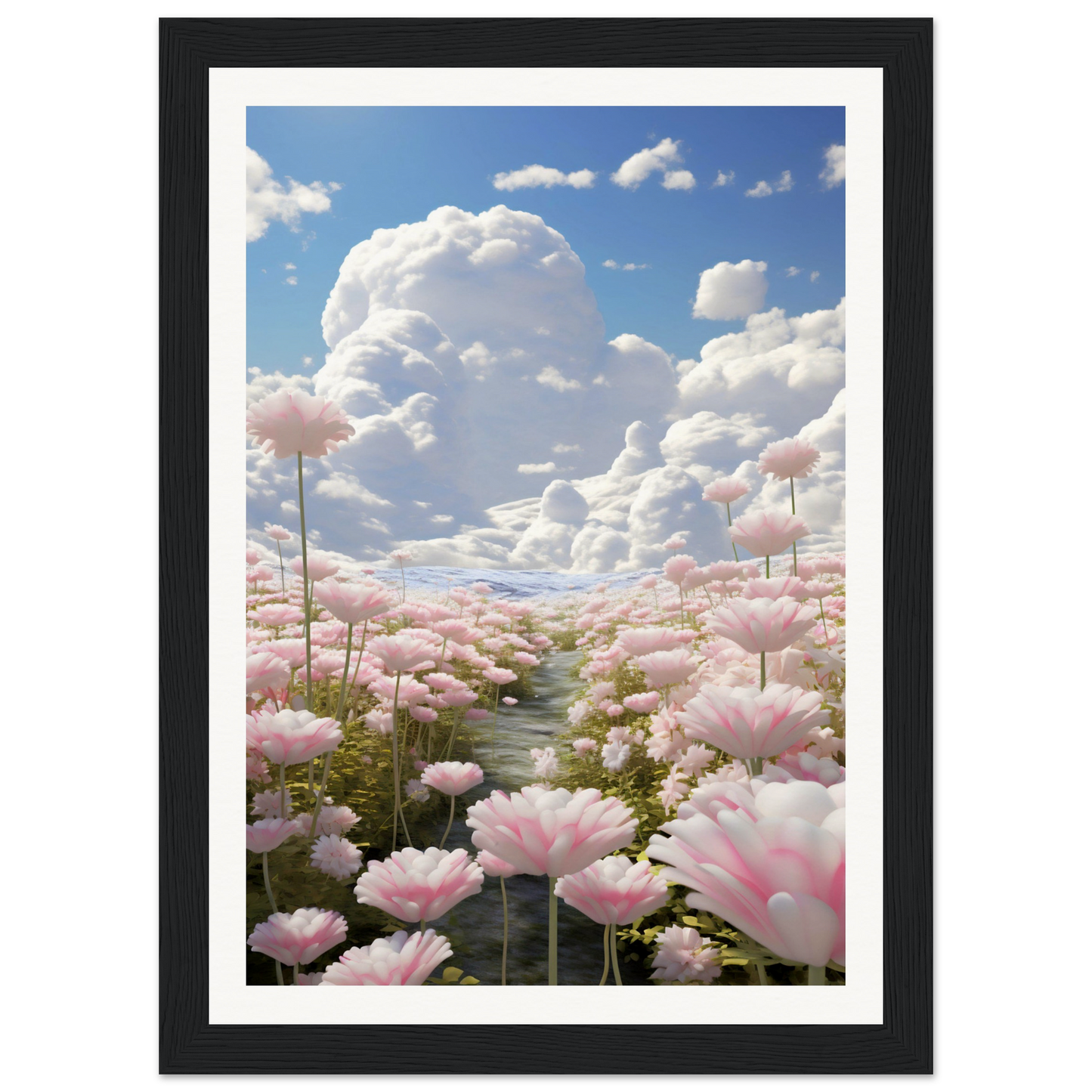 A framed print of pink flowers in a field