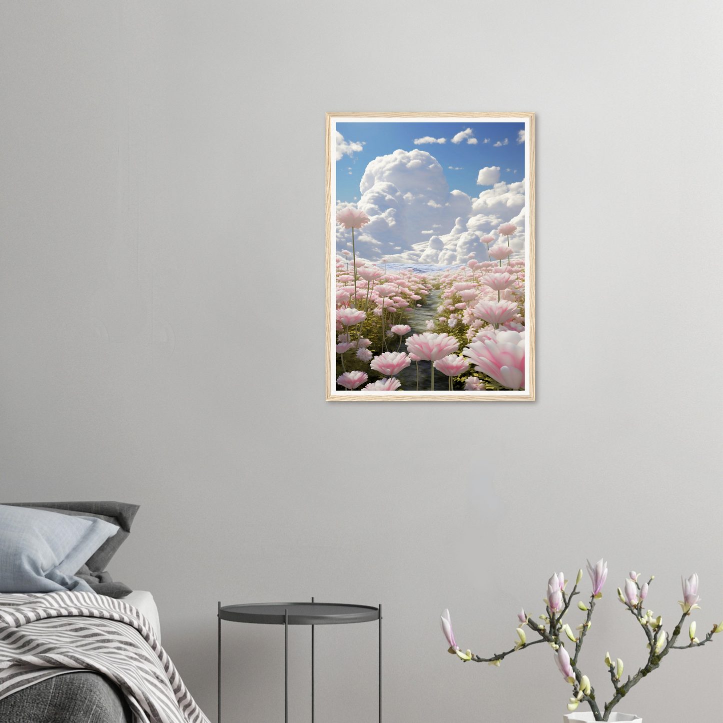 A framed print of pink flowers in a bedroom