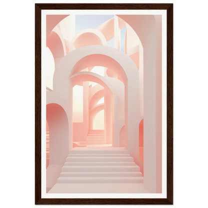 A framed print of a pink hallway with stairs