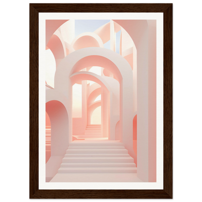 A framed print of a pink hallway with stairs