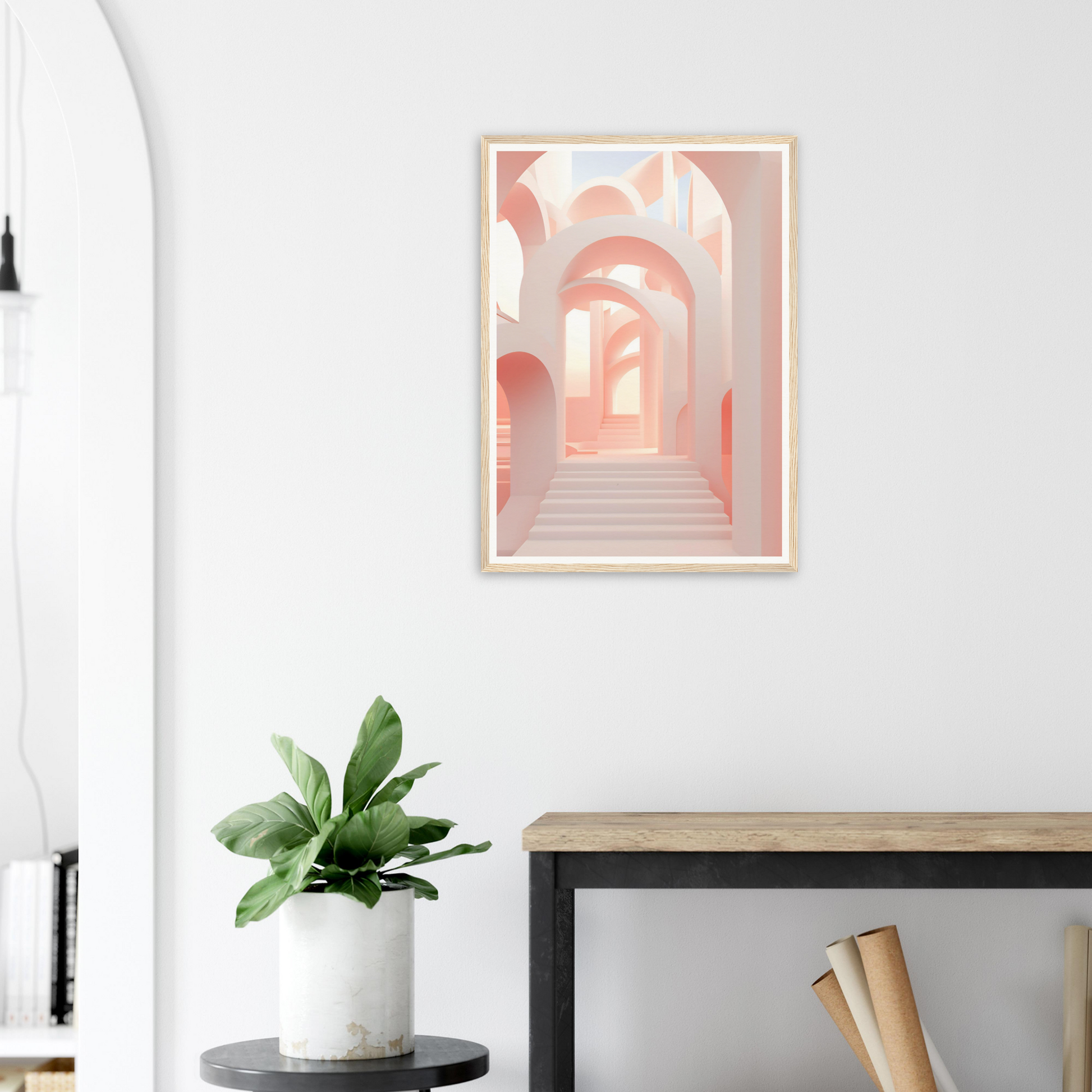 A framed print of a pink hallway with stairs