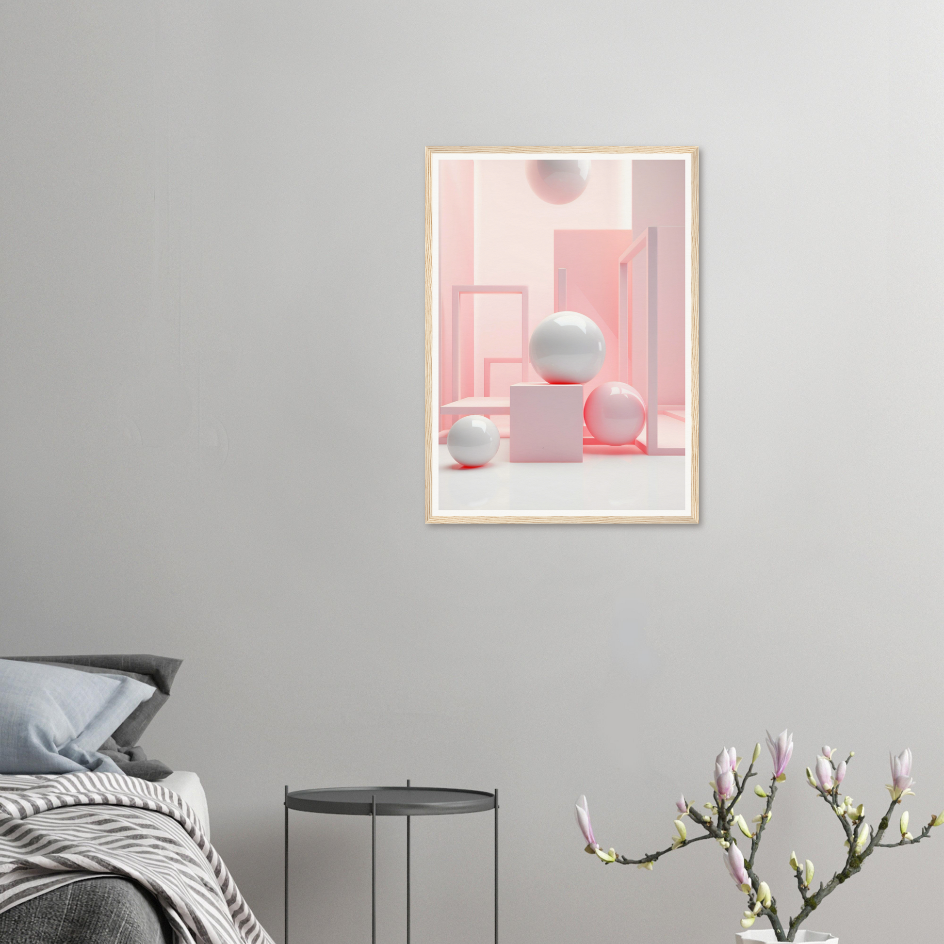 A framed print of a pink room with a white vase and a pink chair