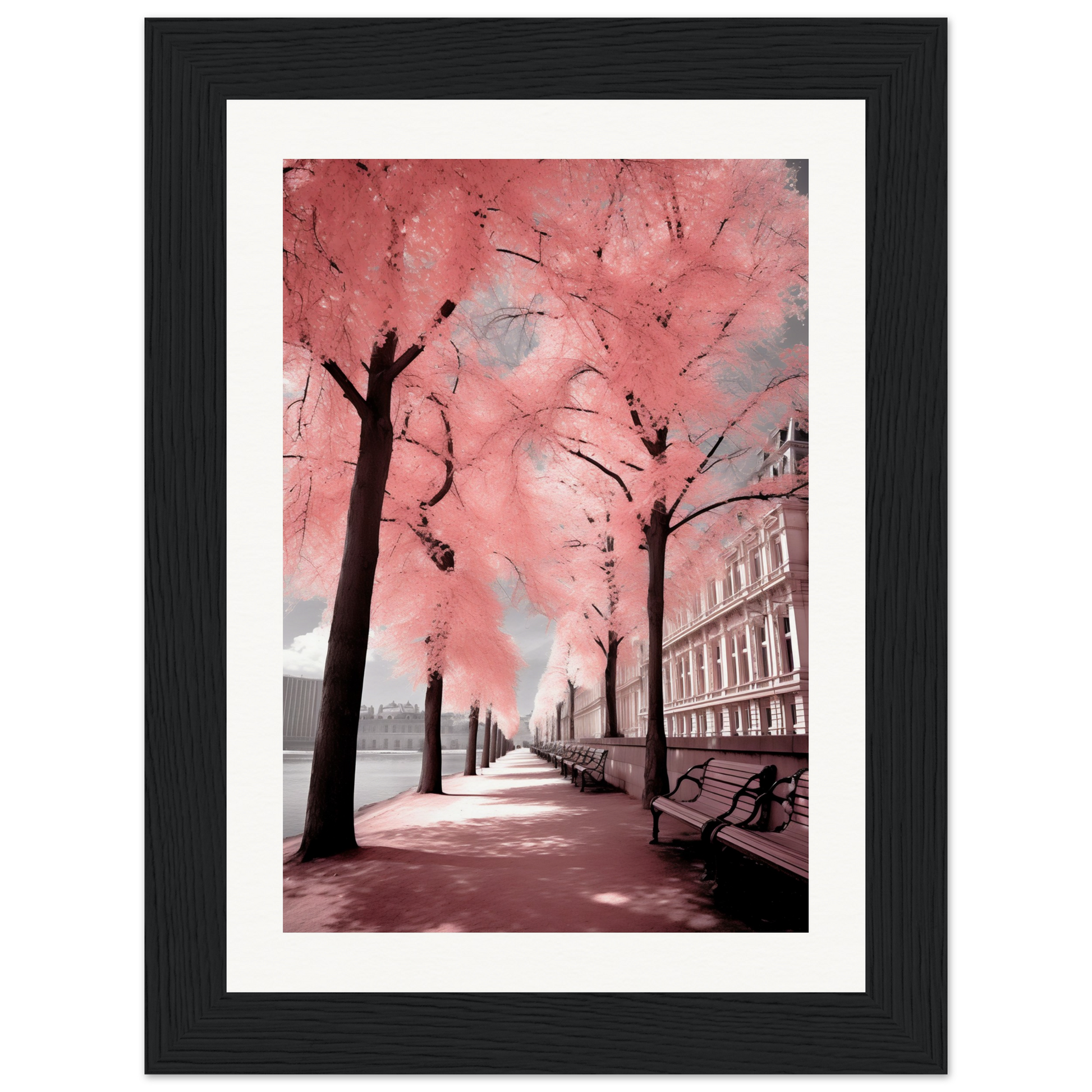 A framed print of a pink tree in a city street