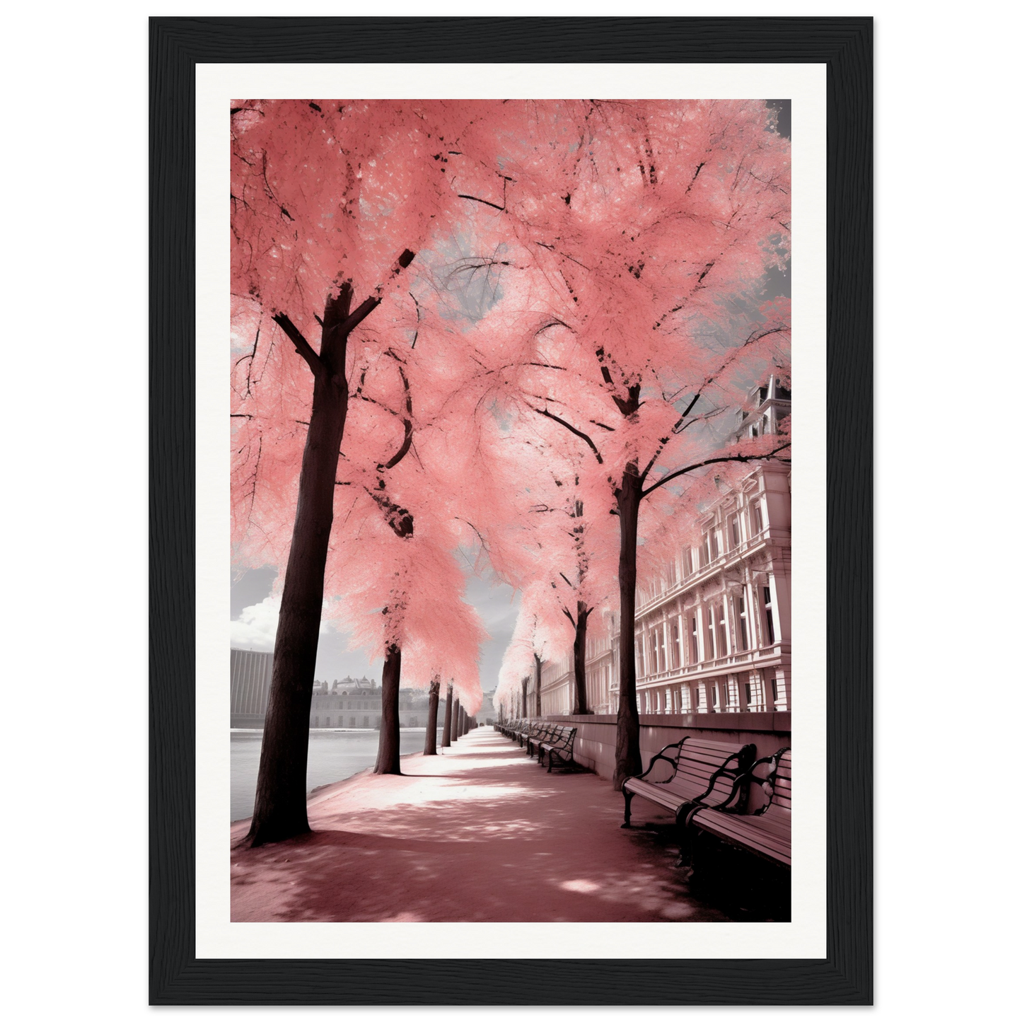 A framed print of a pink tree in a park