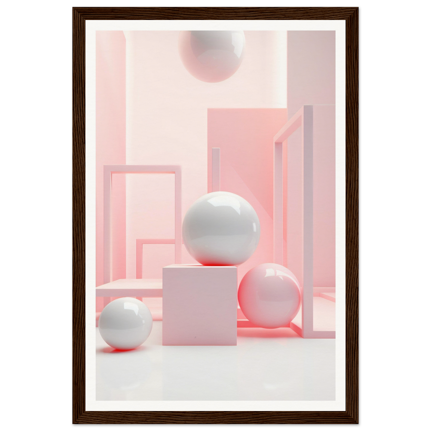 A framed print of a pink and white abstract composition