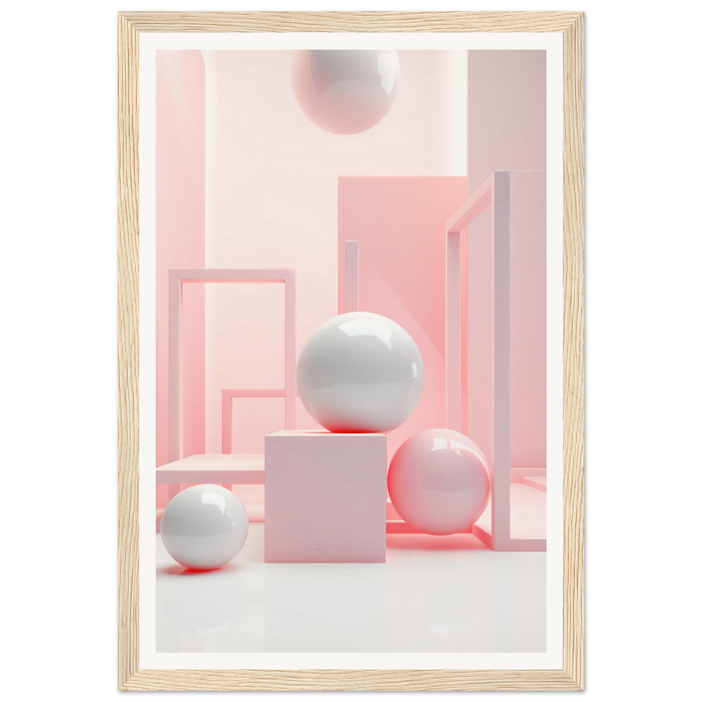 A framed print of a pink and white abstract composition