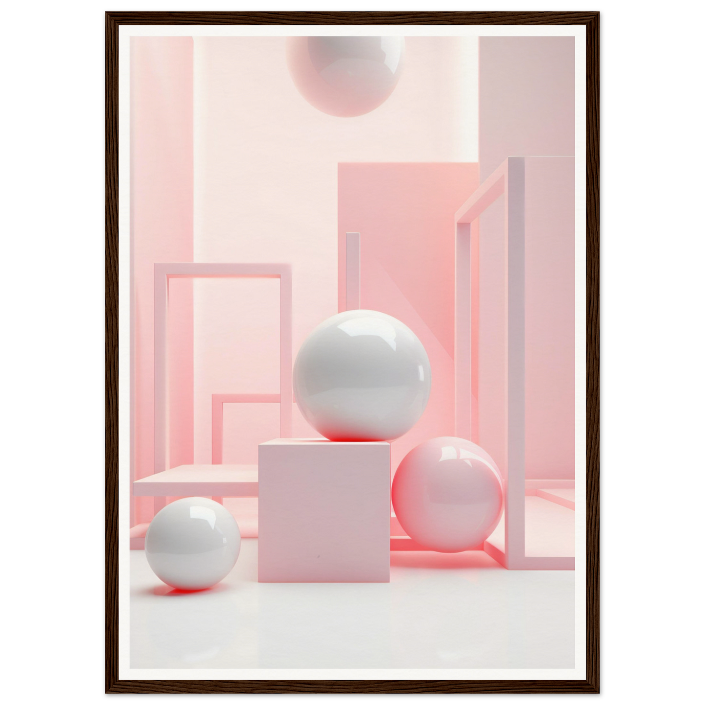 A framed print of a pink and white abstract composition