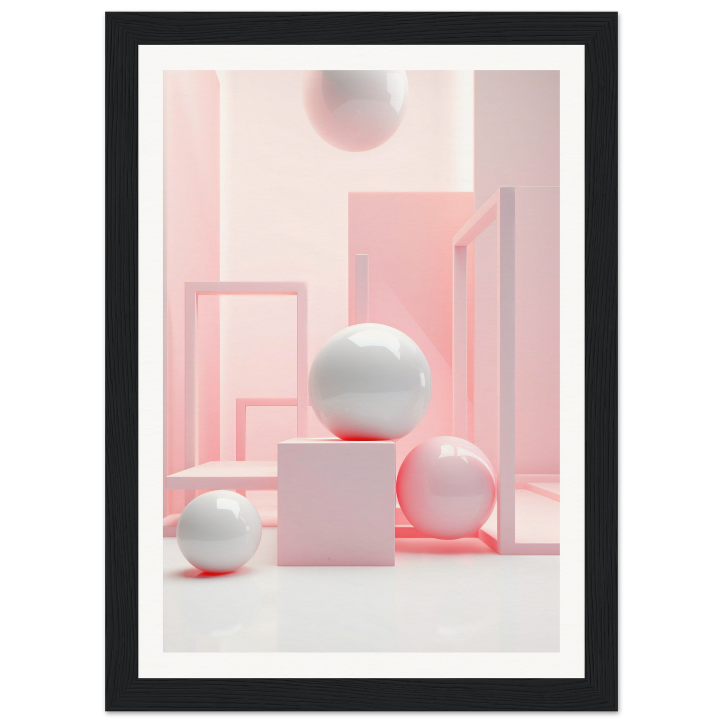 A framed print of a pink and white abstract composition