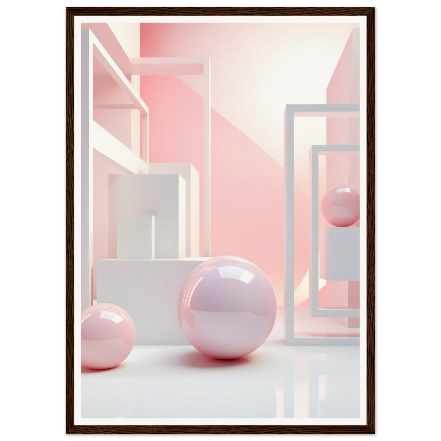 Pink spheres - framed art print. Transform your space with the Dreaming Architecture G The Oracle Windows™ Collection, an AI generated fashion wall art.