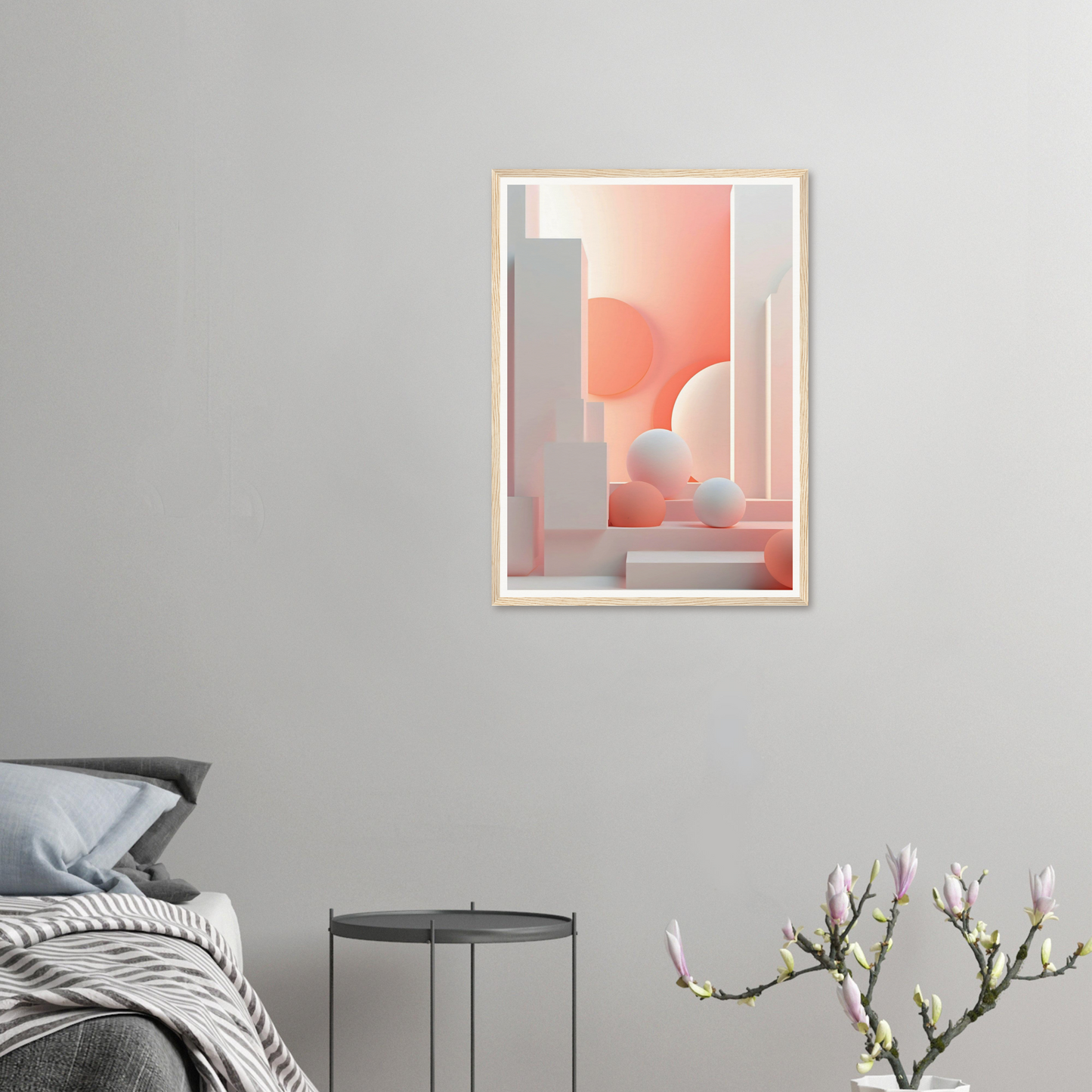 A framed print of a pink and white abstract painting