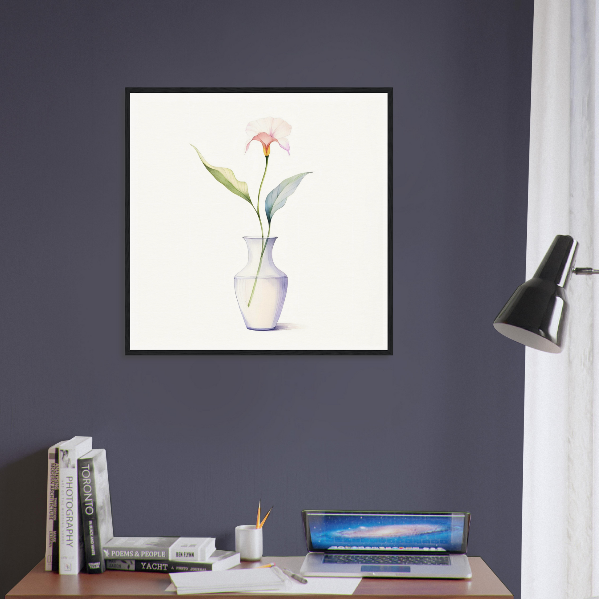 A framed print of a single pink tulipacea flower in a white vase