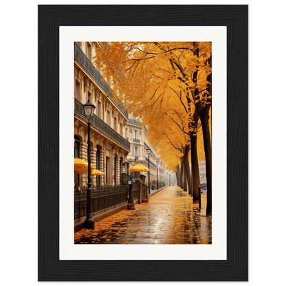 A framed print of a street scene with yellow trees