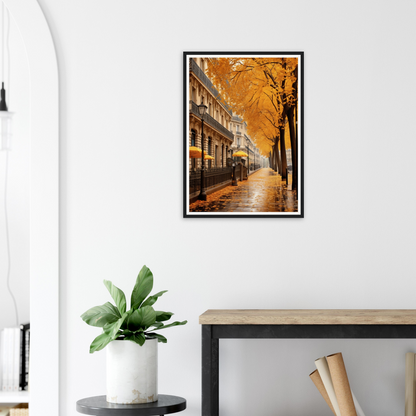 A framed print of a street scene in the fall