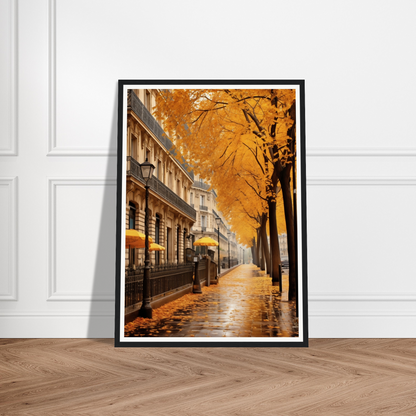 A framed print of a street scene in autumn